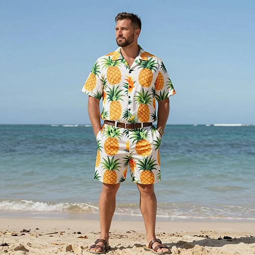 Man in Pineapple Hawaiian Outfit on Beach