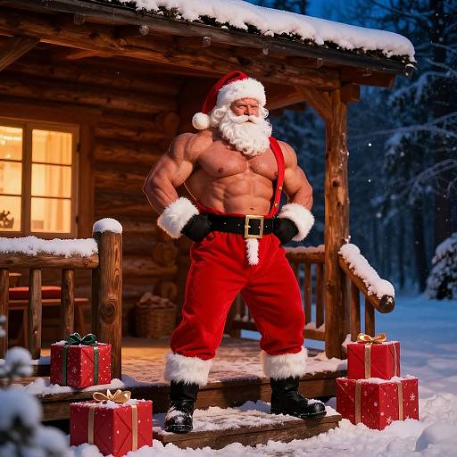 Muscular Santa Claus in red pants and suspenders stands on snowy porch, flanked by gifts, with wooden cabin and glowing window behind. Photoreal