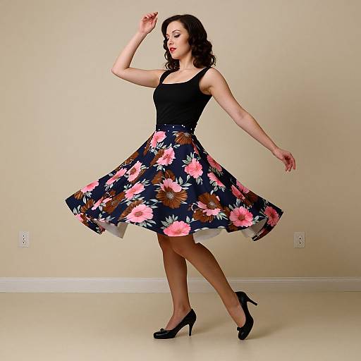 Photograph of a fair-skinned woman with dark curly hair, wearing a black sleeveless top and a floral skirt, black high heels, dancing against