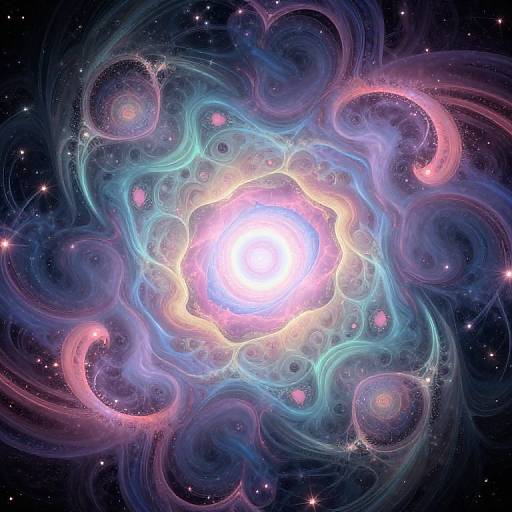Digital art of a vibrant, glowing cosmic vortex with swirling blue, pink, and purple energy tendrils surrounding a bright white center in a star-filled dark