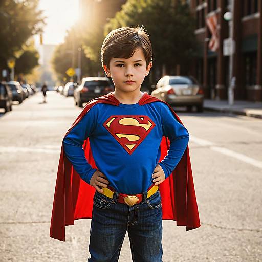 Boy in Superman Costume Standing on Street