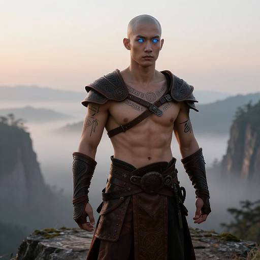 Digital artwork of a bald, blue-eyed, muscular male warrior with tattoos, wearing dark armor and brown skirt, standing on a misty cliff.