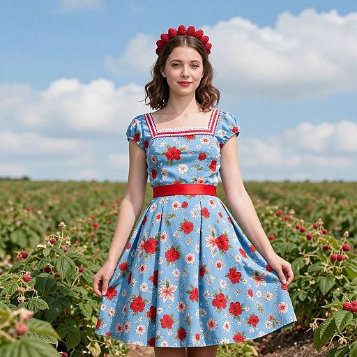 Young Woman in Vibrant Raspberry Field