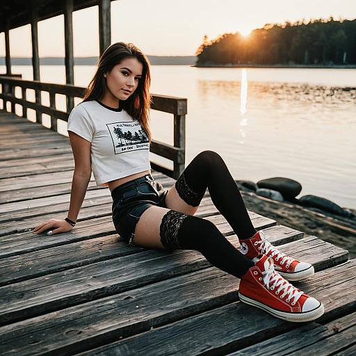 Young Woman Lounging on Lakeside Boardwalk