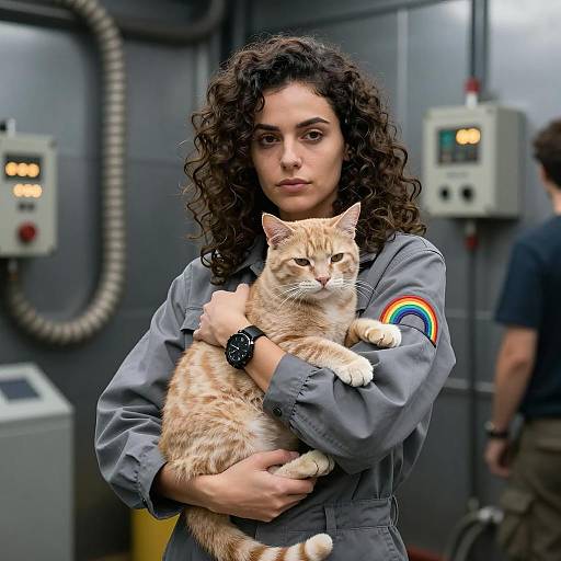 Industrial Woman with Tabby Cat Photo