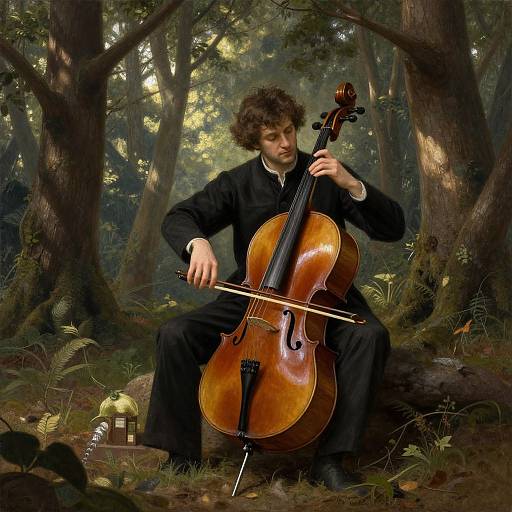 Photograph-style digital painting of a curly-haired man in black playing a wooden cello in a sunlit forest, with ferns and a small lantern