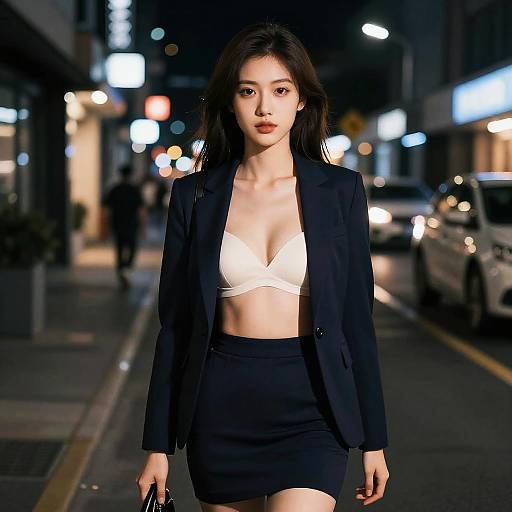 Photograph of a young Asian woman with long black hair, wearing a black blazer, white bra, and black skirt, walking at night on a
