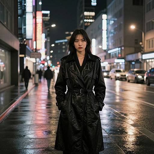 Nighttime photograph of a serious Asian woman with black hair, wearing a long black trench coat, standing on a wet, neon-lit city street.
