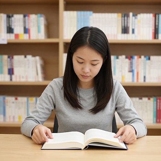 Photograph of an Asian woman with straight black hair, wearing a gray sweater, reading an open book at a wooden library table, with bookshelves