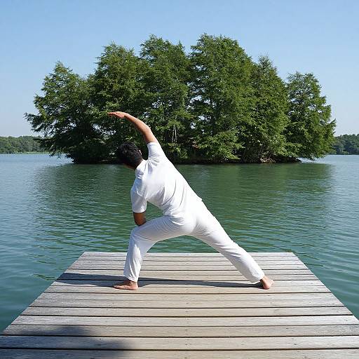 Photograph of a person in white martial arts attire performing a dynamic pose on a wooden dock, with a calm lake and lush green trees in the background