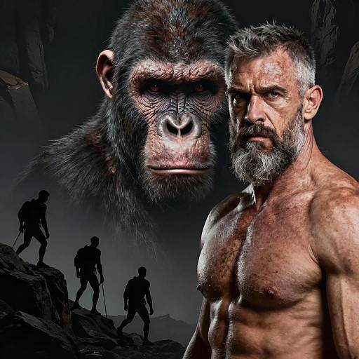 Muscular Bearded Man and Ape Face with Climbers in Dark Rocky Landscape