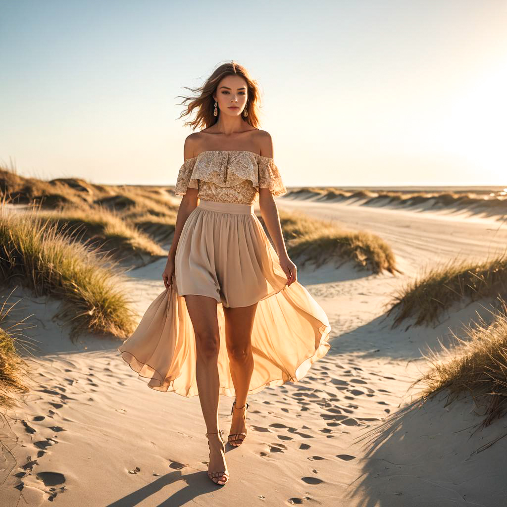 Elegant Fashion Model on Coastal Boardwalk