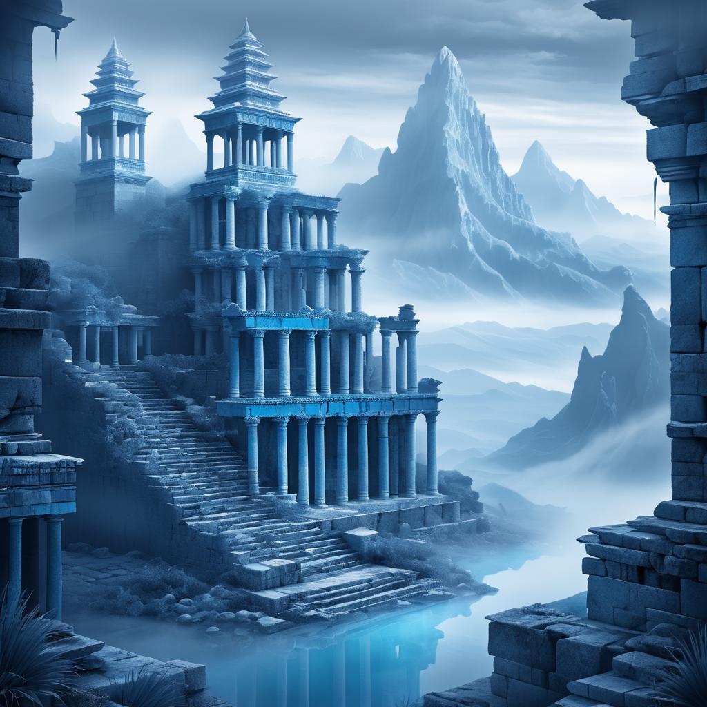 Misty Mountains and Ancient Ruins in Surreal Blue