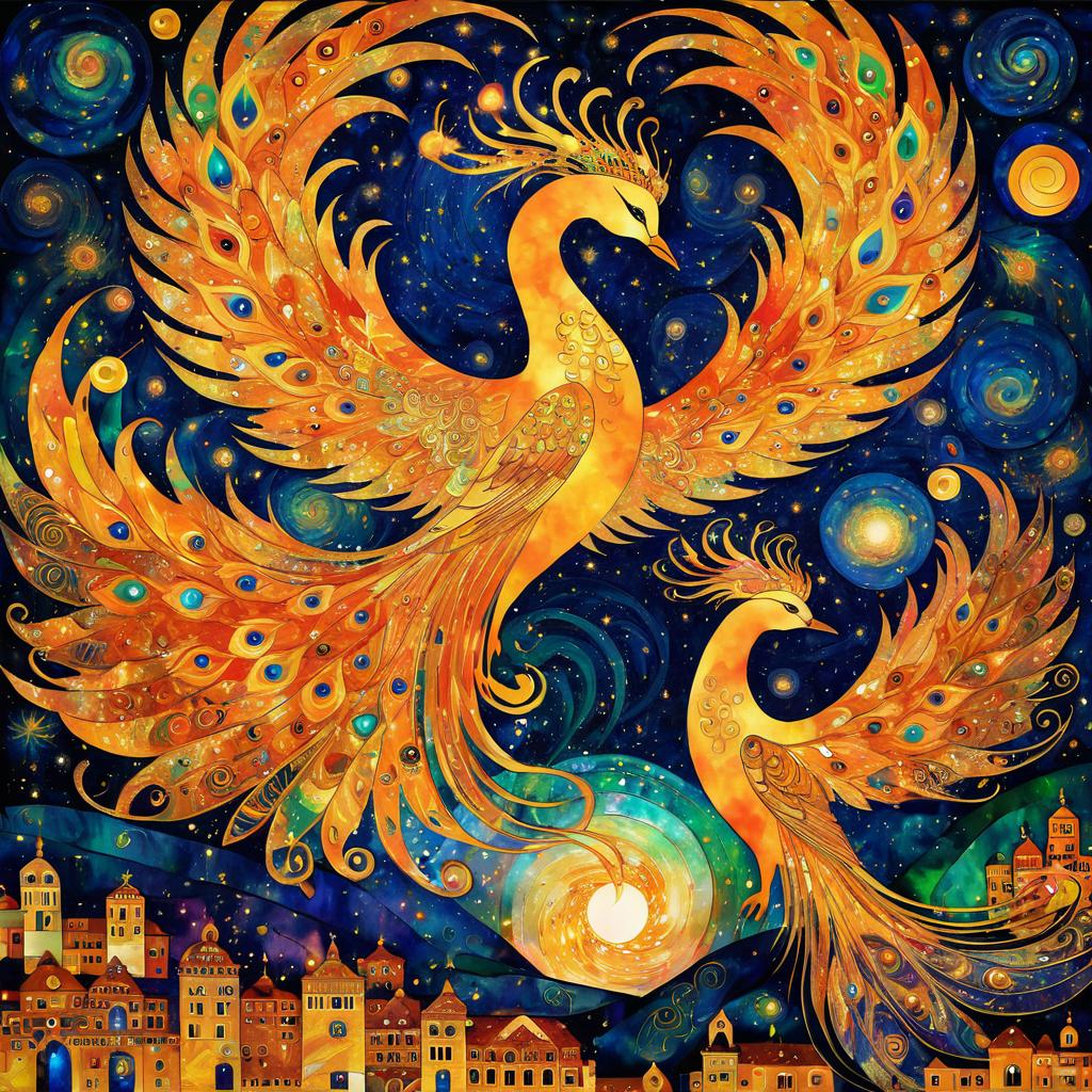 Cosmic Phoenixes in Klimt's Ethereal Style