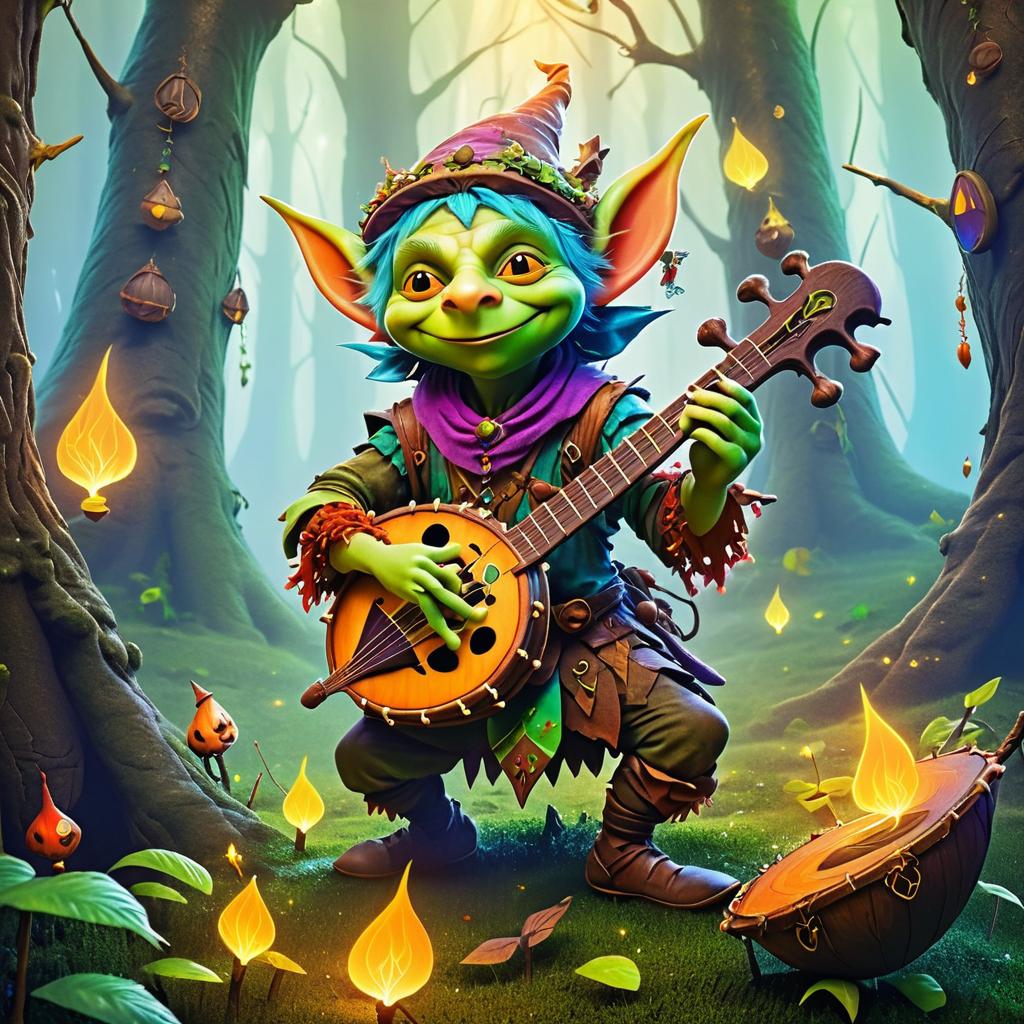 Mischievous Goblin Bard in Enchanted Forest