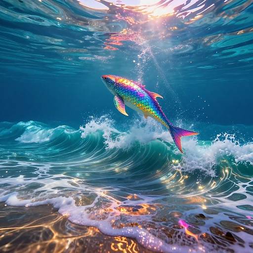 Vibrant, multicolored fish swims beneath sunlight-lit ocean waves, surrounded by sparkling bubbles and reflective water, in a vivid, underwater photograph
