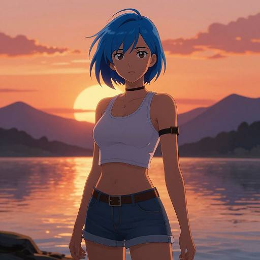 Anime Woman by Sunset Lake