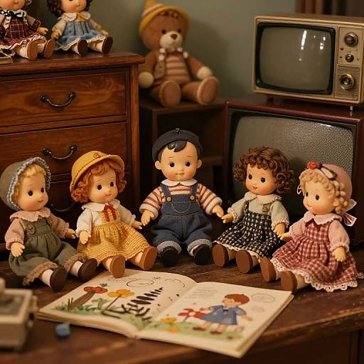 Vintage doll photograph: six dolls in classic 1940s clothes, sitting on a wooden table with an old TV and open book.