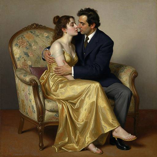 Photorealistic painting of a dark-haired man in a black suit and white shirt, kissing a fair-haired woman in a gold satin dress, seated on