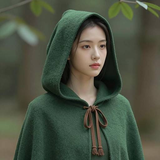 Young Woman in Green Hooded Cloak in Forest