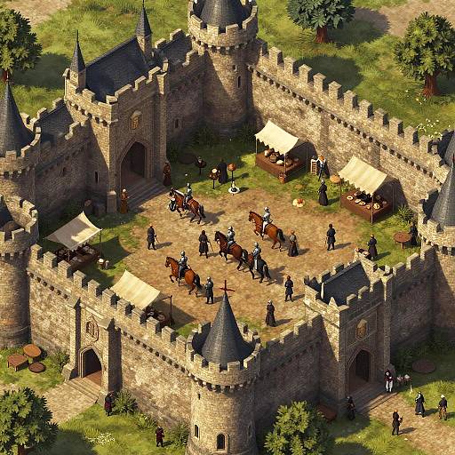 Isometric CGI of a medieval castle courtyard with knights, horses, tents, and castle towers surrounded by green grass and trees.