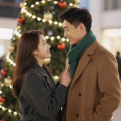 Festive Couple Under Christmas Lights