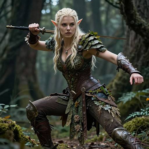 Digital artwork of a blonde elf warrior with pointed ears, armored in dark, leafy green and brown, wielding a sword in a dense, misty