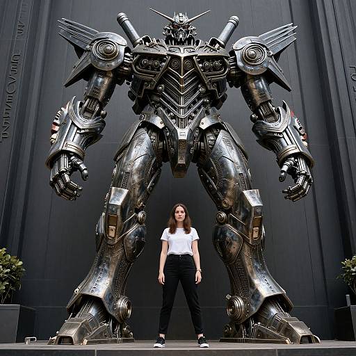Photograph of a young woman in a white shirt and black pants standing between two massive, metallic, futuristic mecha robots.