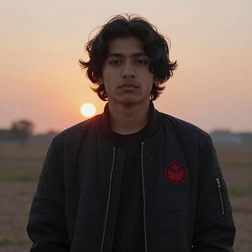 Photograph of a young man with wavy black hair, wearing a black jacket with a red emblem, standing in a field at sunset. Sun sets