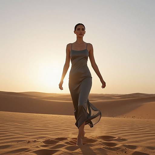 Photograph of a smiling woman in a flowing, gray dress running through a sunlit desert with rolling sand dunes in the background.