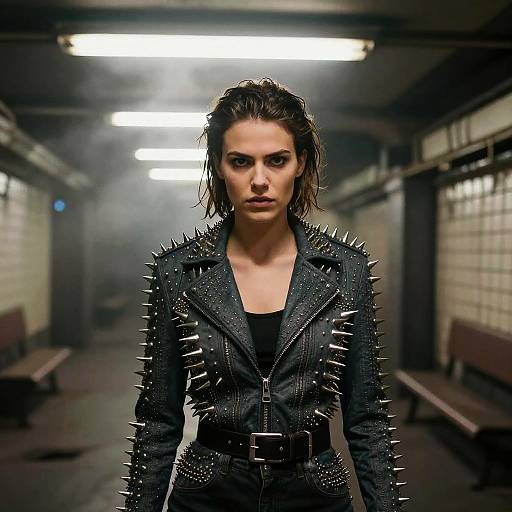 Intense Woman in Spiked Jacket in Abandoned Subway