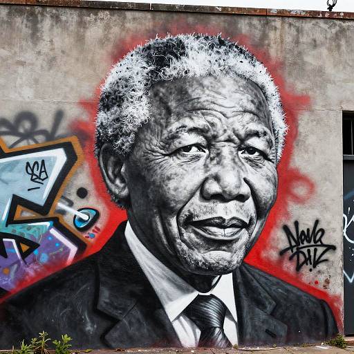 Black-and-white graffiti portrait of an elderly man with curly white hair, wearing a suit and tie, against a graffiti-covered concrete wall. Artist's signature