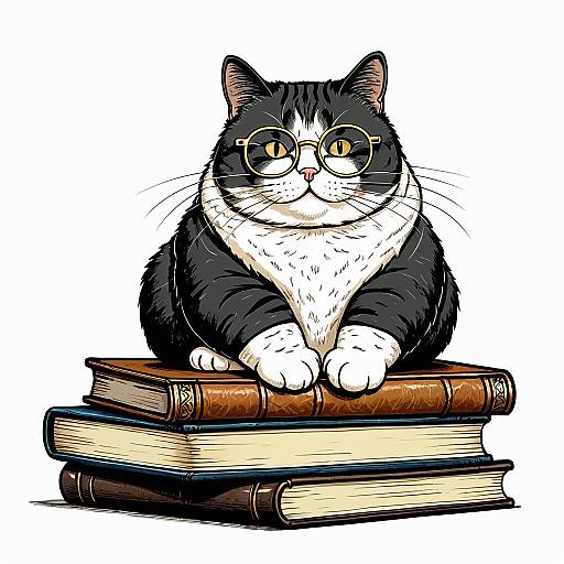 Chubby Cat with Glasses on Books