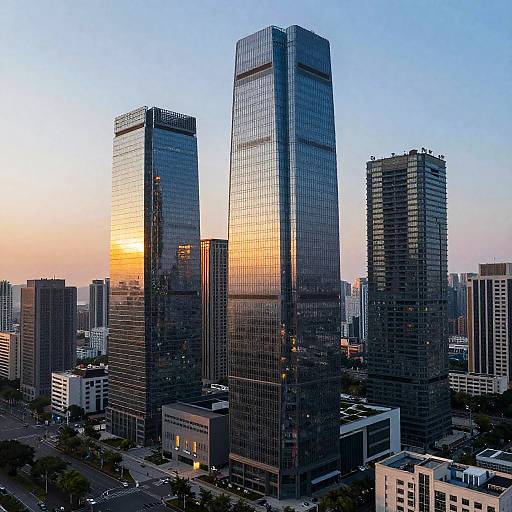 Photograph of a cityscape at sunset, featuring three tall, reflective glass skyscrapers with orange and blue hues, surrounded by shorter buildings and streets
