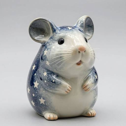 Photograph of a ceramic mouse with a blue and white star-patterned body, standing on its hind legs, small pink nose, and curious expression,