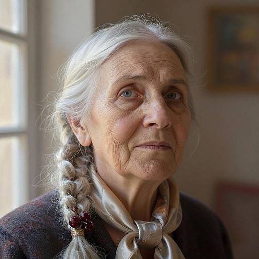 Photograph of an elderly woman with white hair in a braid, wearing a silver scarf and dark patterned sweater, looking thoughtfully to the side