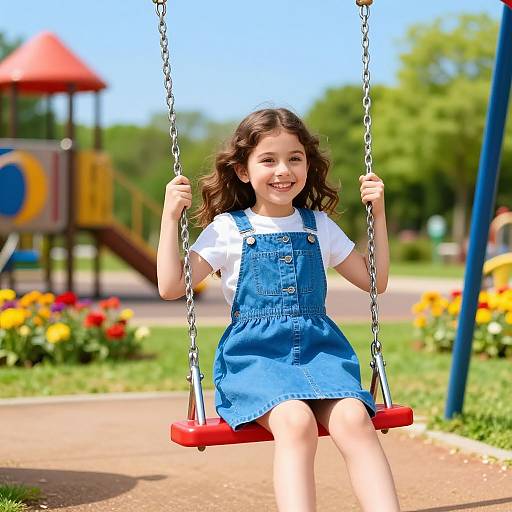 Photograph of a smiling young girl with wavy brown hair, wearing a white shirt and blue pinafore dress, sitting on a red swing in