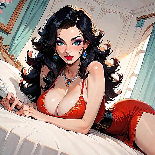 Digital comic-style illustration of a sexy woman with long black hair, blue eyes, red lingerie, and jewelry, lying on a bed in a sunlit