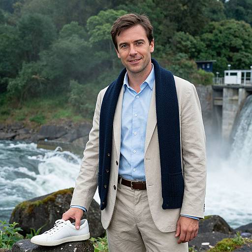 Photograph of a smiling man in a beige suit, blue shirt, and navy scarf, standing by a waterfall with lush greenery.