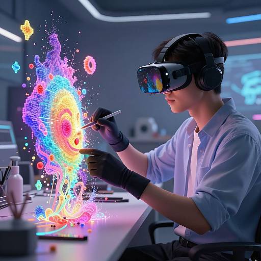 Photograph of a young man in VR headset, black gloves, white shirt, creating vibrant, colorful digital art with a brush in a futuristic lab.