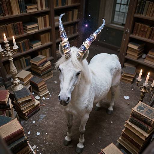 Photograph of a white, horned mythical creature with glowing horns in a dim, book-filled library, surrounded by stacked books and lit candles.