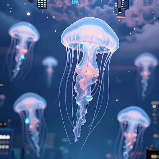 Bioluminescent Jellyfish Over Inverted City