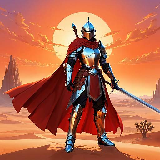 Armored Knight Standing in Desert at Sunset