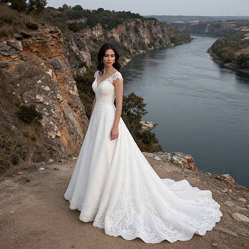 Photograph of a brunette woman with long hair in a white lace wedding dress standing on a rocky cliff overlooking a river and canyon landscape.