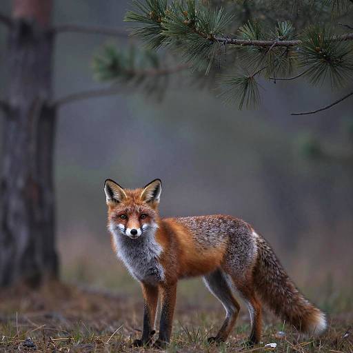Mysterious Fox in Foggy Pine Forest