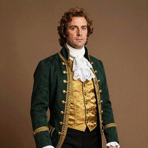 Photograph of a curly-haired, fair-skinned man in 18th-century attire: dark green coat with gold buttons, gold vest, white lace