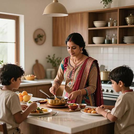 Indian woman in traditional saree cooks in a sunny kitchen, serving two boys seated at a white countertop. Warm, homely atmosphere. Photograph.