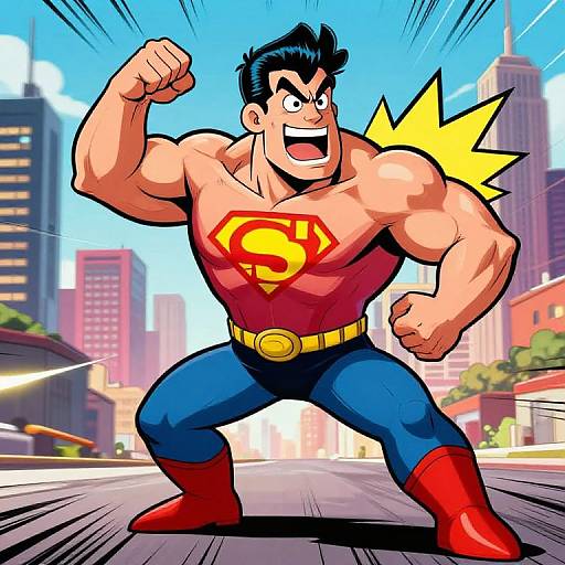 Cartoon-style drawing of muscular Superman flexing his bicep in a dynamic pose, wearing red boots, blue pants, and a red shirt with