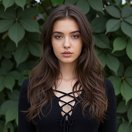Photograph of a young woman with long, wavy brown hair, fair skin, and brown eyes, wearing a black lace-up top, standing in