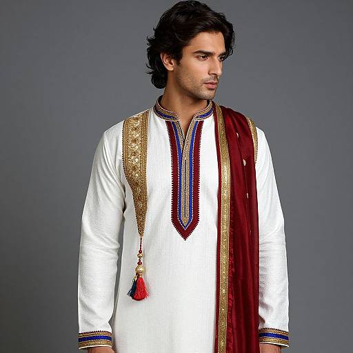 Photograph of a handsome South Asian man with medium brown skin and dark hair, wearing a white traditional long kurta with gold and red embroidery, and